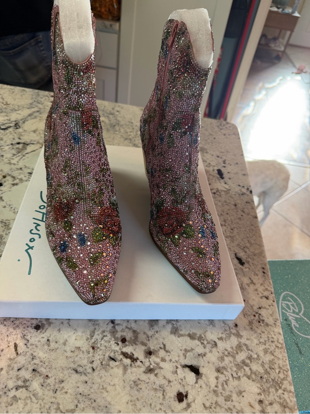 Betsey Johnson Pink Crystal Floral Embellished Ankle Boots